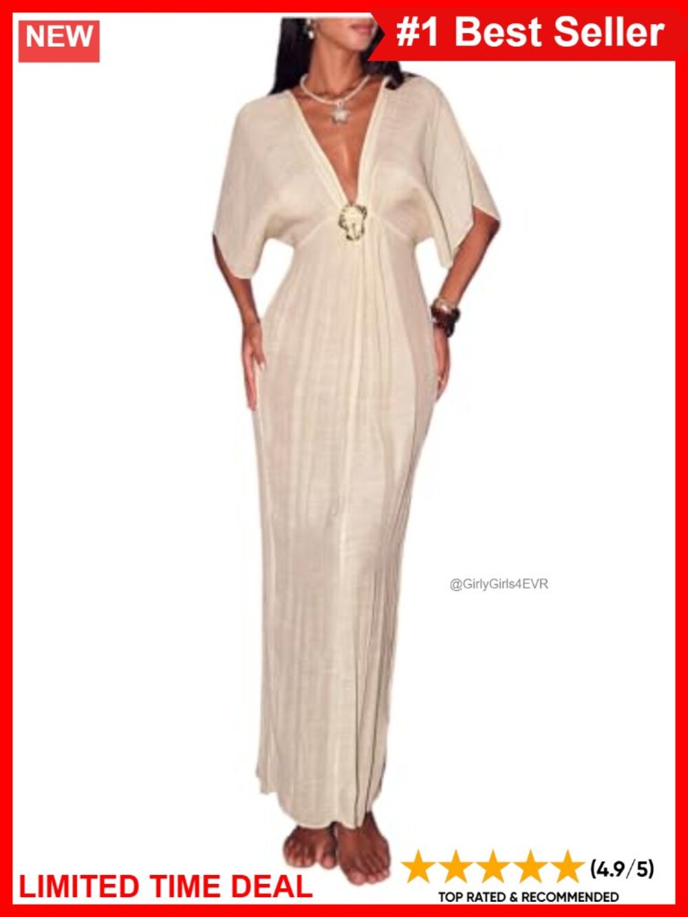 Women Swimsuit Cover Up Deep V Neck Half Sleeve Maxi Beach Dress Tie Back